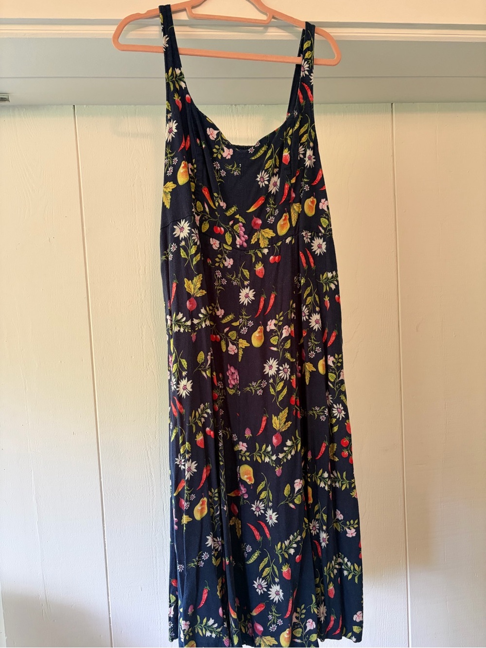 Navy Floral Fit and Flare Linen Midi Dress with Pockets - Picture 2 of 11